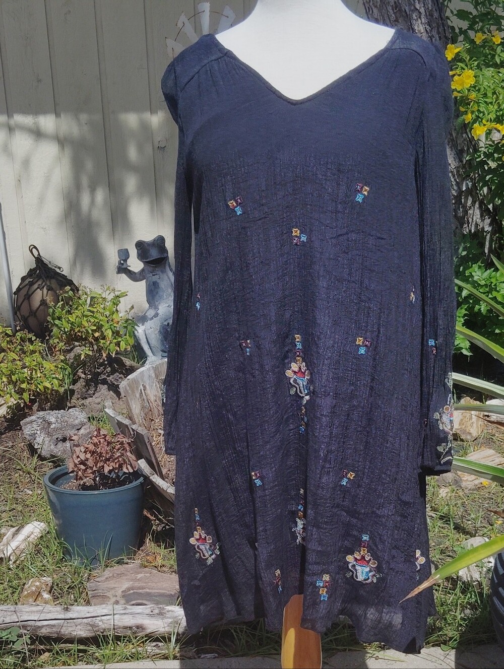 Rebellion Black Embroidered Long-Sleeve V-Neck Dress
